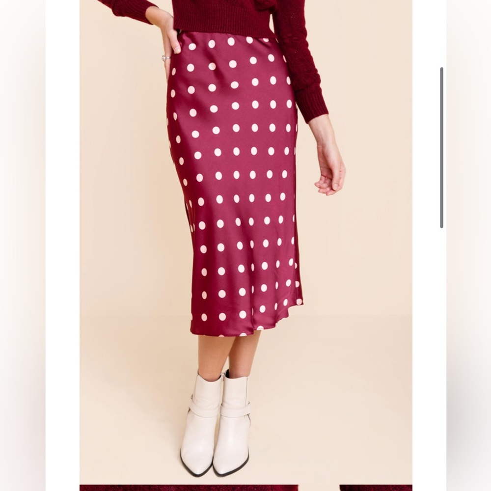 Francesca’s Midi Burgundy Polka Dot Skirt